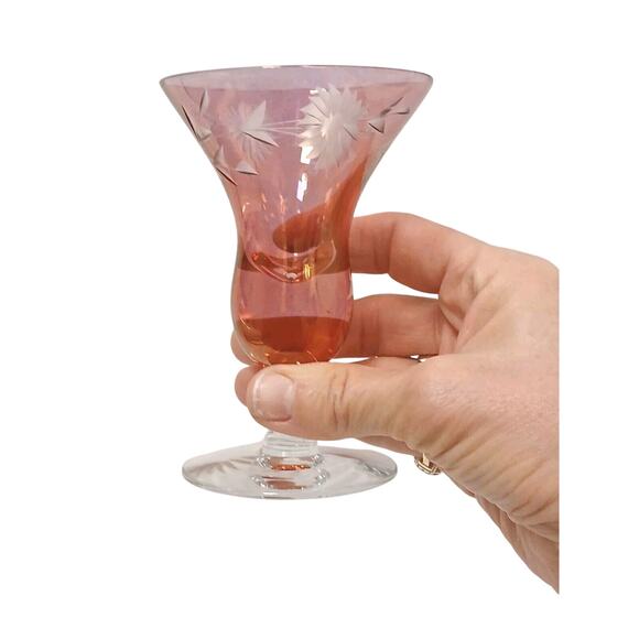 Murano Etched 1 Cocktail Cordial Glass Red 5" Barware Hand Blown Italy Antique - Picture 3 of 12